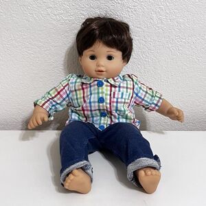 American Girl Bitty Baby Boy Twin Doll Brown Hair Brown Eyes Plaid Shirt 16"